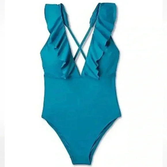 SHADE & SHORE - WOMEN'S ONE-PIECE TEAL CHEEKY SWIMSUIT RUFFLES STRAPS L (12-14) - Picture 3 of 14